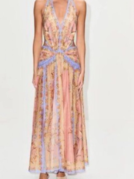 Zimmermann Pink And Lavender Halter Maxi Dress With Floral Print